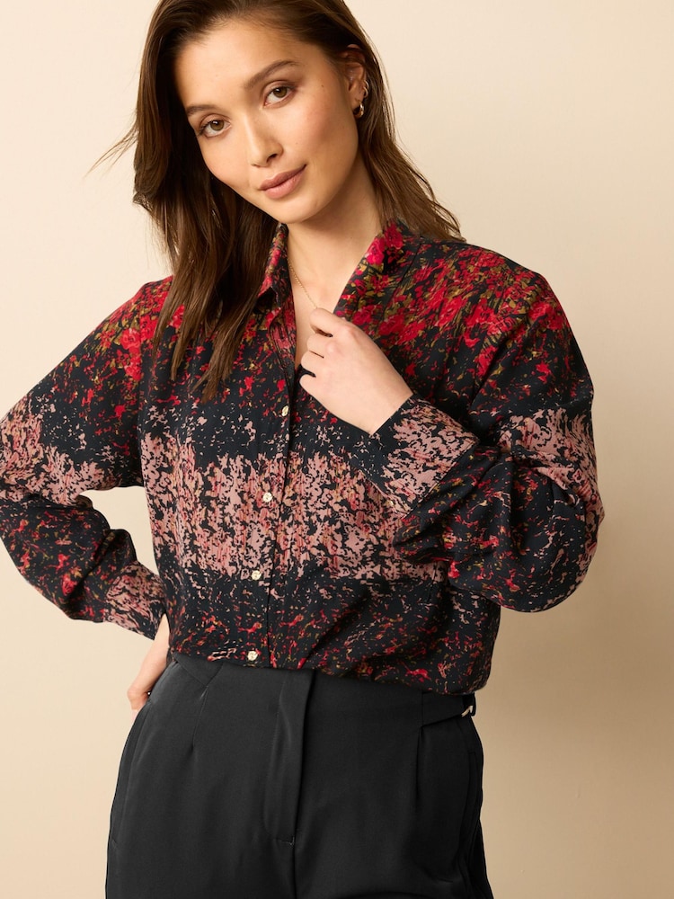 Red/Pink Floral Smudge Print Textured Long Sleeve Shirt with Pocket - Image 1 of 6