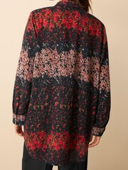 Red/Pink Floral Smudge Print Textured Long Sleeve Shirt with Pocket - Image 2 of 6