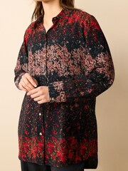 Red/Pink Floral Smudge Print Textured Long Sleeve Shirt with Pocket - Image 3 of 6
