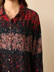Red/Pink Floral Smudge Print Textured Long Sleeve Shirt with Pocket - Image 5 of 6