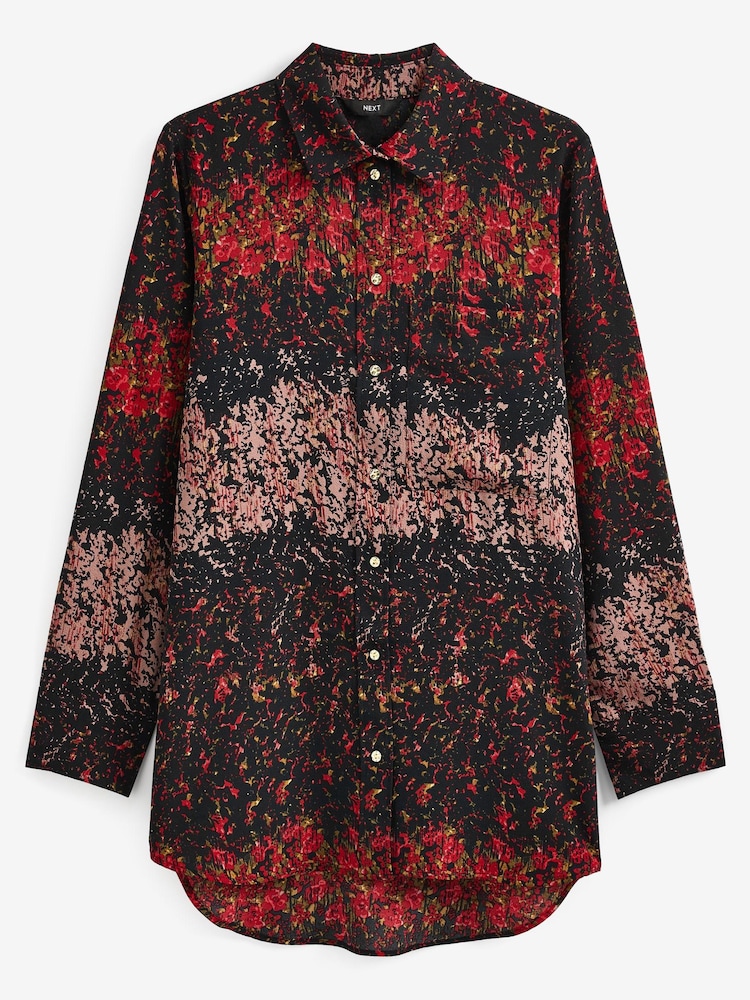 Red/Pink Floral Smudge Print Textured Long Sleeve Shirt with Pocket - Image 6 of 6