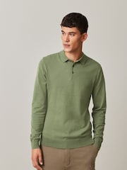 Olive Green Regular Knitted Long Sleeve Polo Shirt - Image 1 of 7