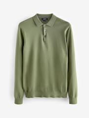 Olive Green Regular Knitted Long Sleeve Polo Shirt - Image 5 of 7