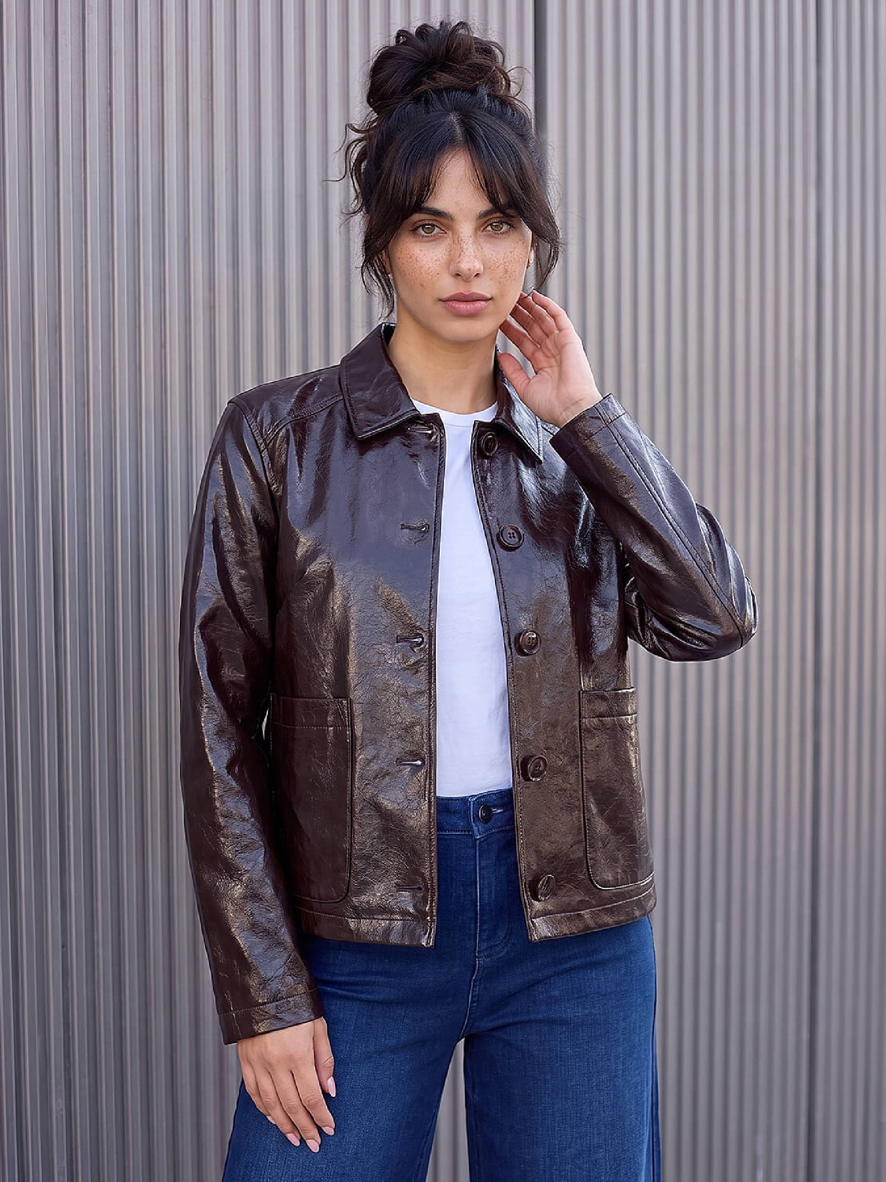 Dusk Women's Chocolate Faux Leather Collared Jacket In | Size: 18 - Image 2