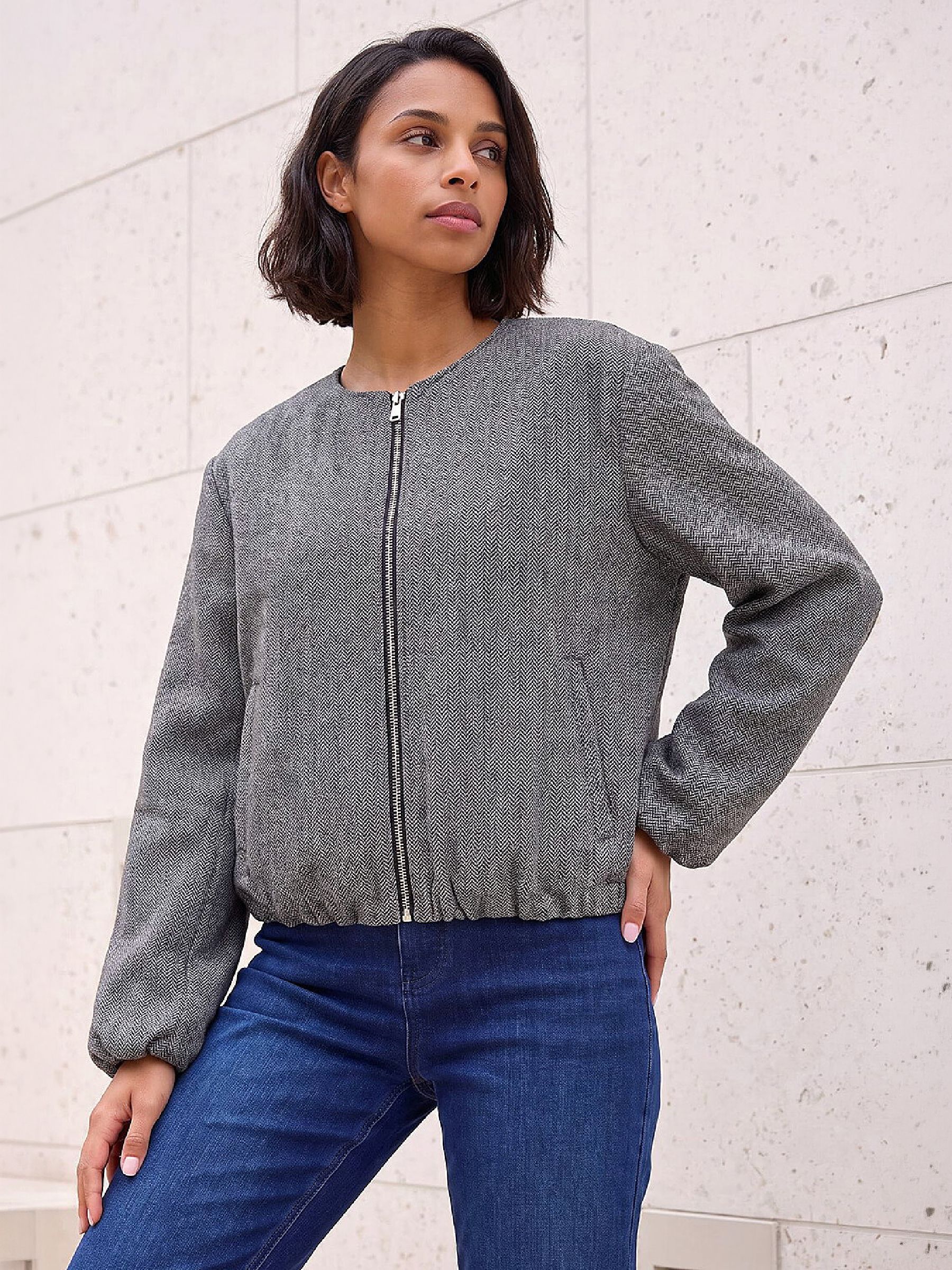 Dusk Women's Herringbone Bomber Jacket in Grey | Size: 18 - Image 4