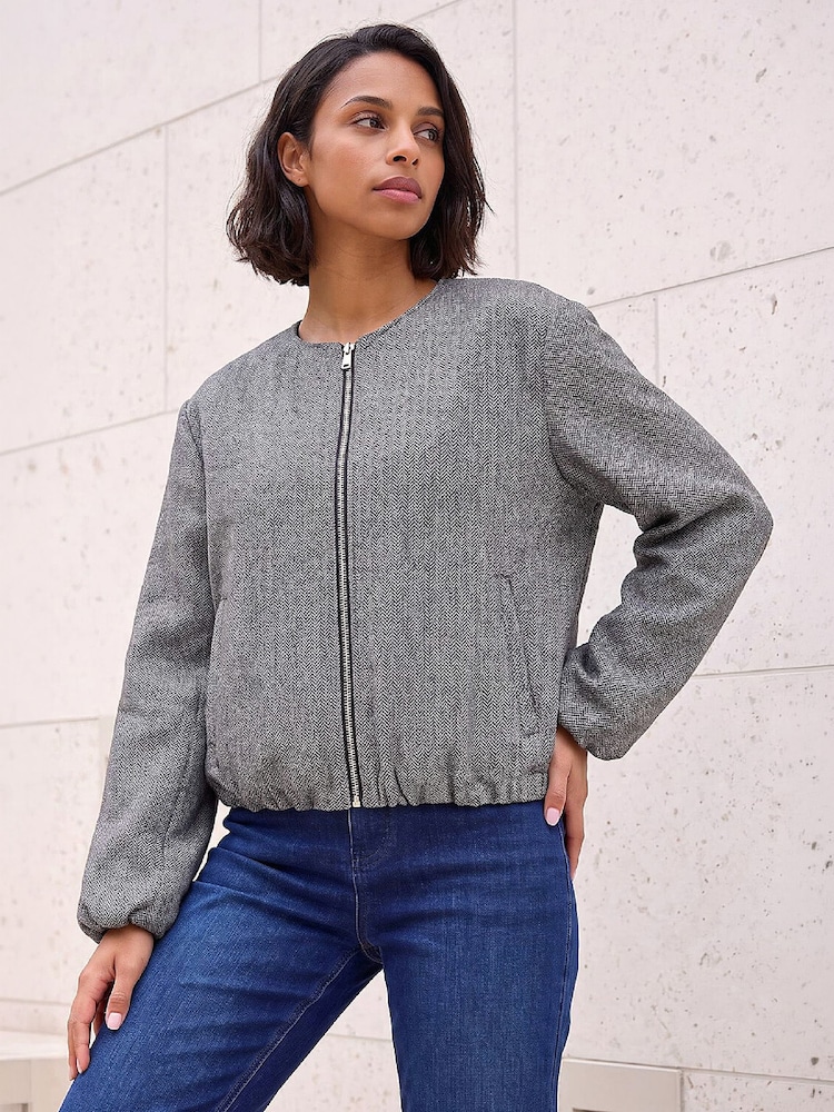 Roman Grey Herringbone Bomber Jacket - Image 1 of 4 Roman Grey Herringbone Bomber Jacket - Image 1 of 4