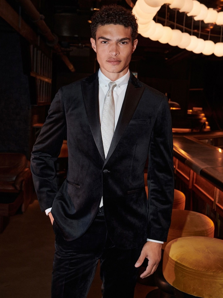Black Slim Fit Velvet Suit Jacket - Image 1 of 13