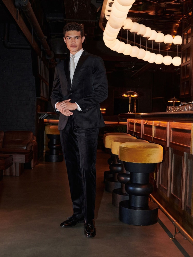 Black Slim Fit Velvet Suit Jacket - Image 2 of 13
