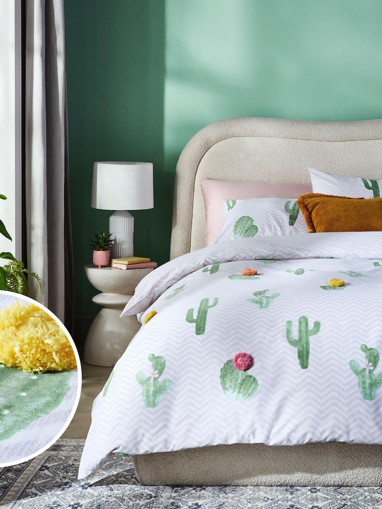 Multi Cactus Pom Pom Bedding Duvet Cover and Pillowcase Set - Image 1 of 4