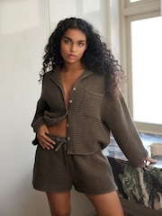 Chocolate Brown Waffle Button Through Short Set Pyjamas - Image 1 of 9