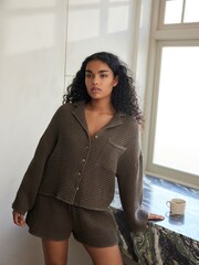 Chocolate Brown Waffle Button Through Short Set Pyjamas - Image 2 of 9