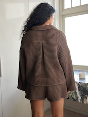 Chocolate Brown Waffle Button Through Short Set Pyjamas - Image 4 of 9