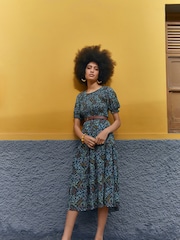 Apricot Green Ditsy Spray Smock Short Sleeve Midi Dress - Image 1 of 4