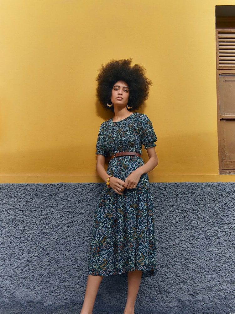 Apricot Green Ditsy Spray Smock Short Sleeve Midi Dress - Image 1 of 4 Apricot Green Ditsy Spray Smock Short Sleeve Midi Dress - Image 1 of 4