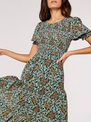 Apricot Green Ditsy Spray Smock Short Sleeve Midi Dress - Image 3 of 4