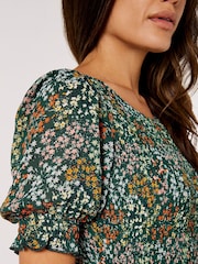 Apricot Green Ditsy Spray Smock Short Sleeve Midi Dress - Image 4 of 4