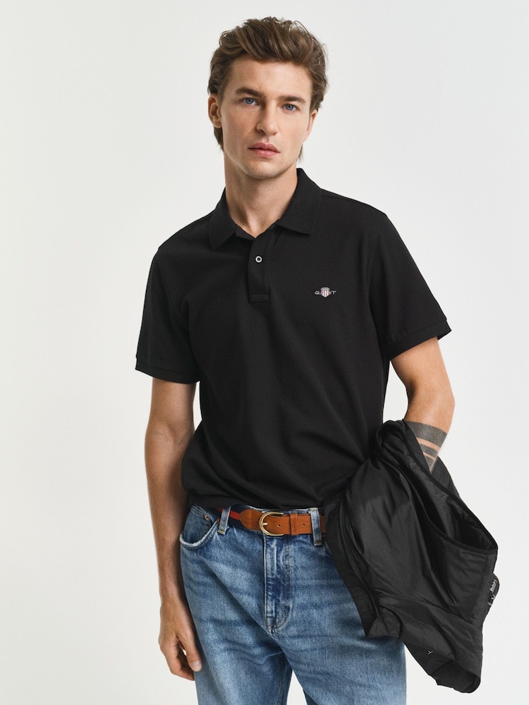 GANT Black Regular 100% Cotton Shield Polo Shirt - Image 1 of 4 GANT Black Regular 100% Cotton Shield Polo Shirt - Image 1 of 4