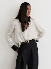 Reiss Ivory/Black Ameira Silk-Satin Tipped Concealed-Placket Shirt - Image 1 of 5
