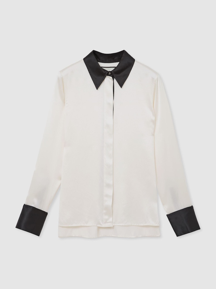 Reiss Ivory/Black Ameira Silk-Satin Tipped Concealed-Placket Shirt - Image 2 of 5 Reiss Ivory/Black Ameira Silk-Satin Tipped Concealed-Placket Shirt - Image 2 of 5