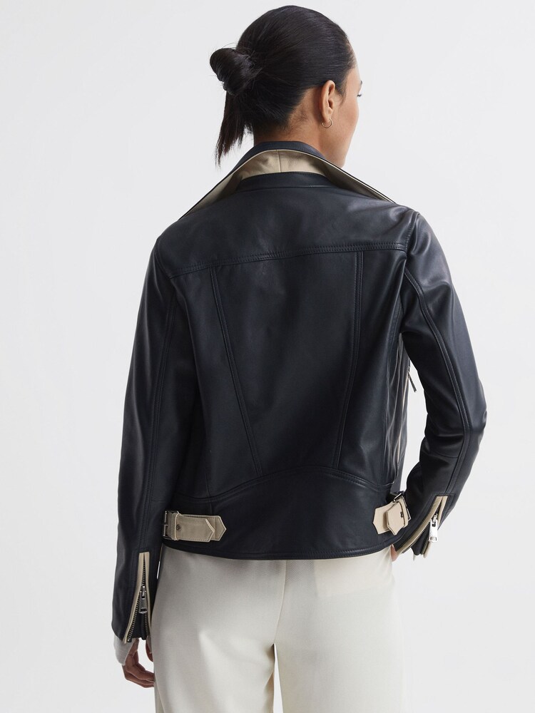Reiss Navy Inka Leather Zip-Through Biker Jacket - Image 5 of 5 Reiss Navy Inka Leather Zip-Through Biker Jacket - Image 5 of 5