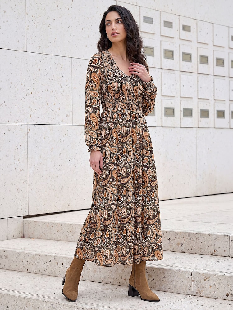Roman Green Paisley Shirred Midi Dress - Image 2 of 4 Roman Green Paisley Shirred Midi Dress - Image 2 of 4