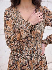 Roman Green Paisley Shirred Midi Dress - Image 4 of 4
