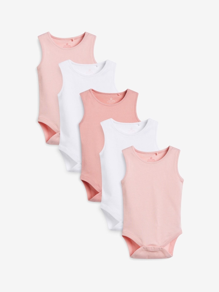 Pink/White 5 Pack Baby 100% Cotton Vest Bodysuits 5 Pack - Image 1 of 9