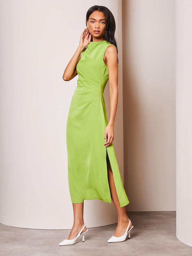 Lipsy Green Drape Front Ruched Midi Off the Body Summer Dress - Image 1 of 4