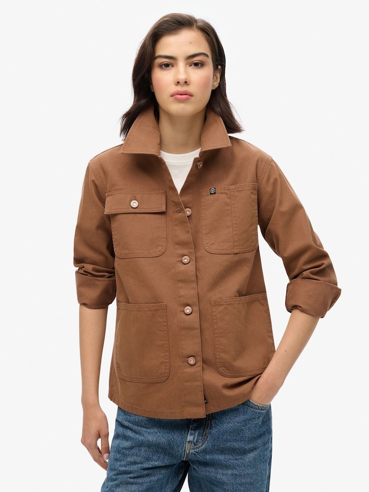 Superdry Bison Brown 100% Cotton Emb Chore Jacket - Image 1 of 3