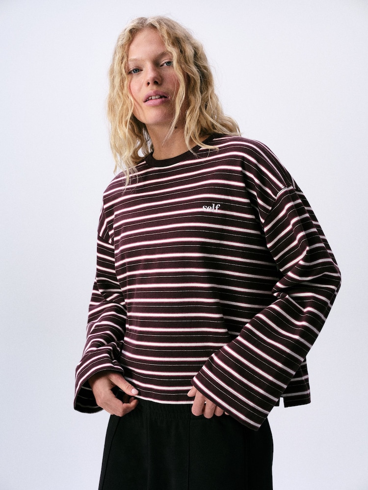 self. Berry Red Stripe Thermal V-Neck Long Sleeve T-Shirt - Image 1 of 5