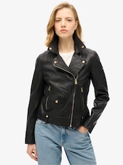 Superdry Black Classic Leather Biker Jacket - Image 1 of 5