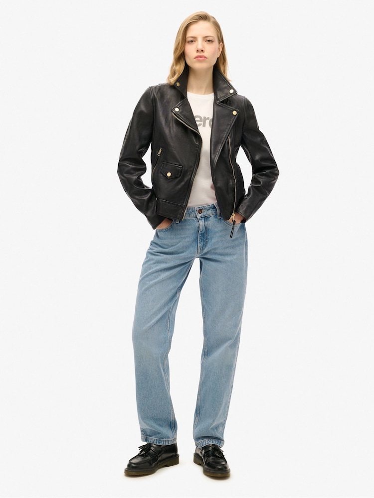 Superdry Black Classic Leather Biker Jacket - Image 2 of 5