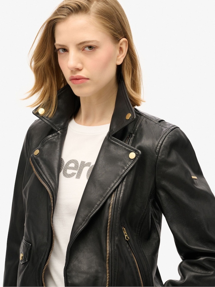Superdry Black Classic Leather Biker Jacket - Image 3 of 5