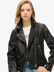 Superdry Black Classic Leather Biker Jacket - Image 4 of 5