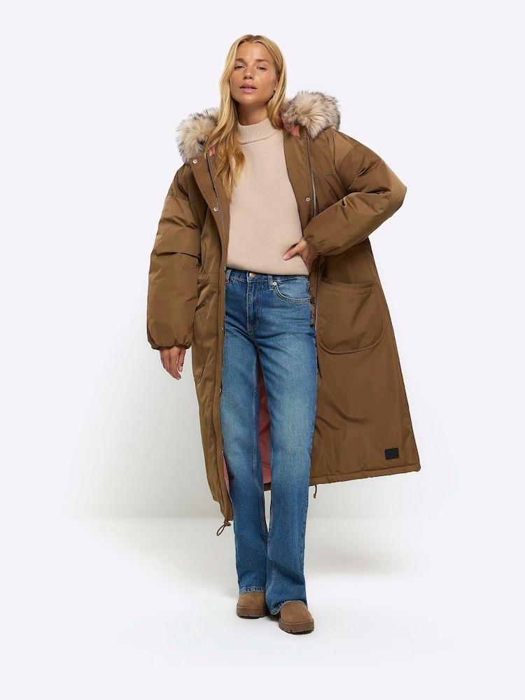 River Island Green Khaki Faux Fur Trim Parka - Image 1 of 3 River Island Green Khaki Faux Fur Trim Parka - Image 1 of 3