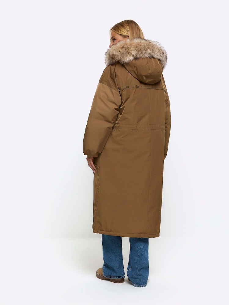 River Island Green Khaki Faux Fur Trim Parka - Image 2 of 3 River Island Green Khaki Faux Fur Trim Parka - Image 2 of 3
