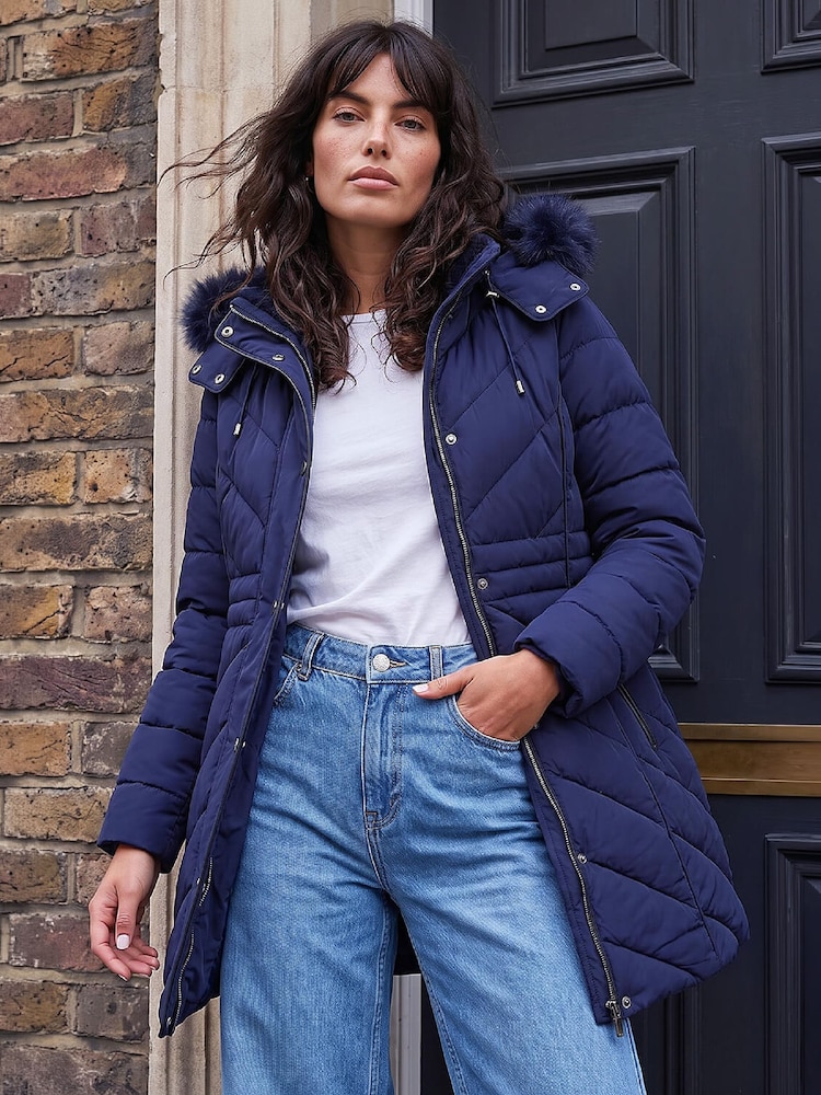 Roman Blue Padded Fur Hood Coat - Image 1 of 4 Roman Blue Padded Fur Hood Coat - Image 1 of 4