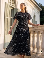 Roman Black Petite Spot Dot Chiffon Dress - Image 1 of 4