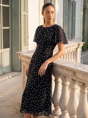 Roman Black Petite Spot Dot Chiffon Dress - Image 3 of 4