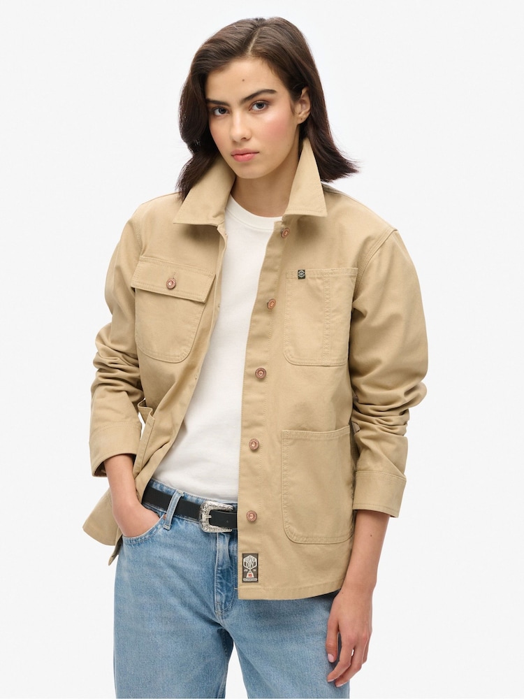 Superdry Canyon Beige 100% Cotton Emb Chore Jacket - Image 1 of 6