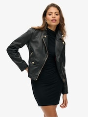 Superdry Black Studded Leather Biker Jacket - Image 1 of 5