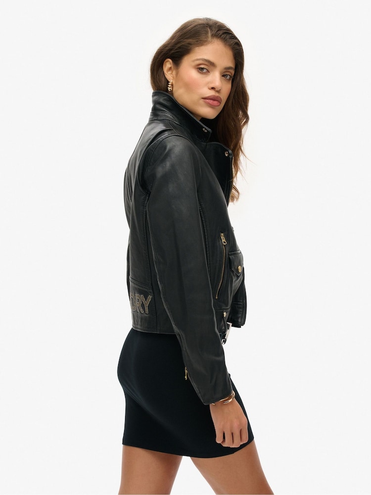 Superdry Black Studded Leather Biker Jacket - Image 2 of 5