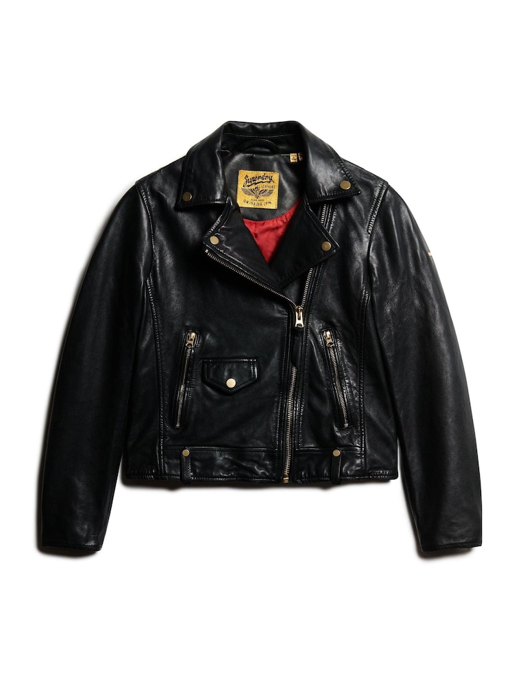 Superdry Black Studded Leather Biker Jacket - Image 3 of 5
