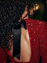 Ruby Red Long Sleeve Sequin Bow Back Midi Dress - Image 3 of 6