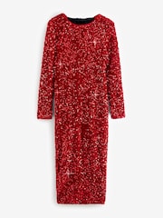 Ruby Red Long Sleeve Sequin Bow Back Midi Dress - Image 4 of 6