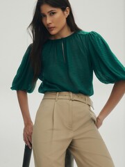 Green Puff Sleeve V-Neck Blouse - Image 1 of 5