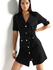 Black Tailored Button Through Front Elevated Ponte Mini Dress - Image 1 of 6