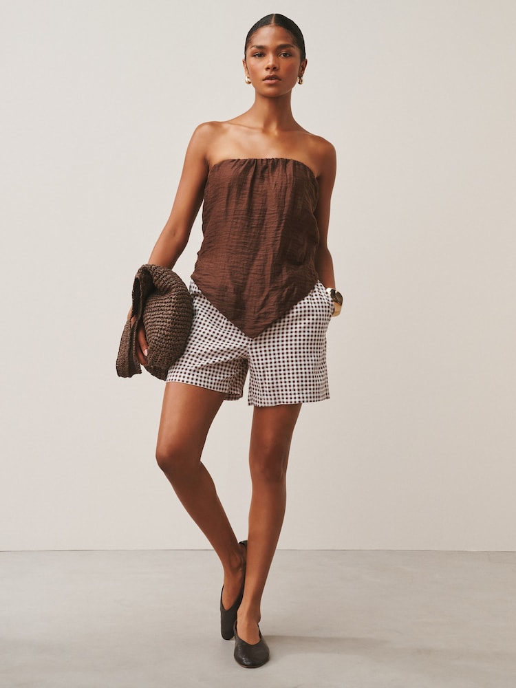 Chocolate Brown/Ecru Gingham Linen Rich Shorts - Image 2 of 4