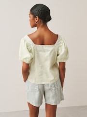 Green/Ecru Gingham Linen Rich Shorts - Image 3 of 5