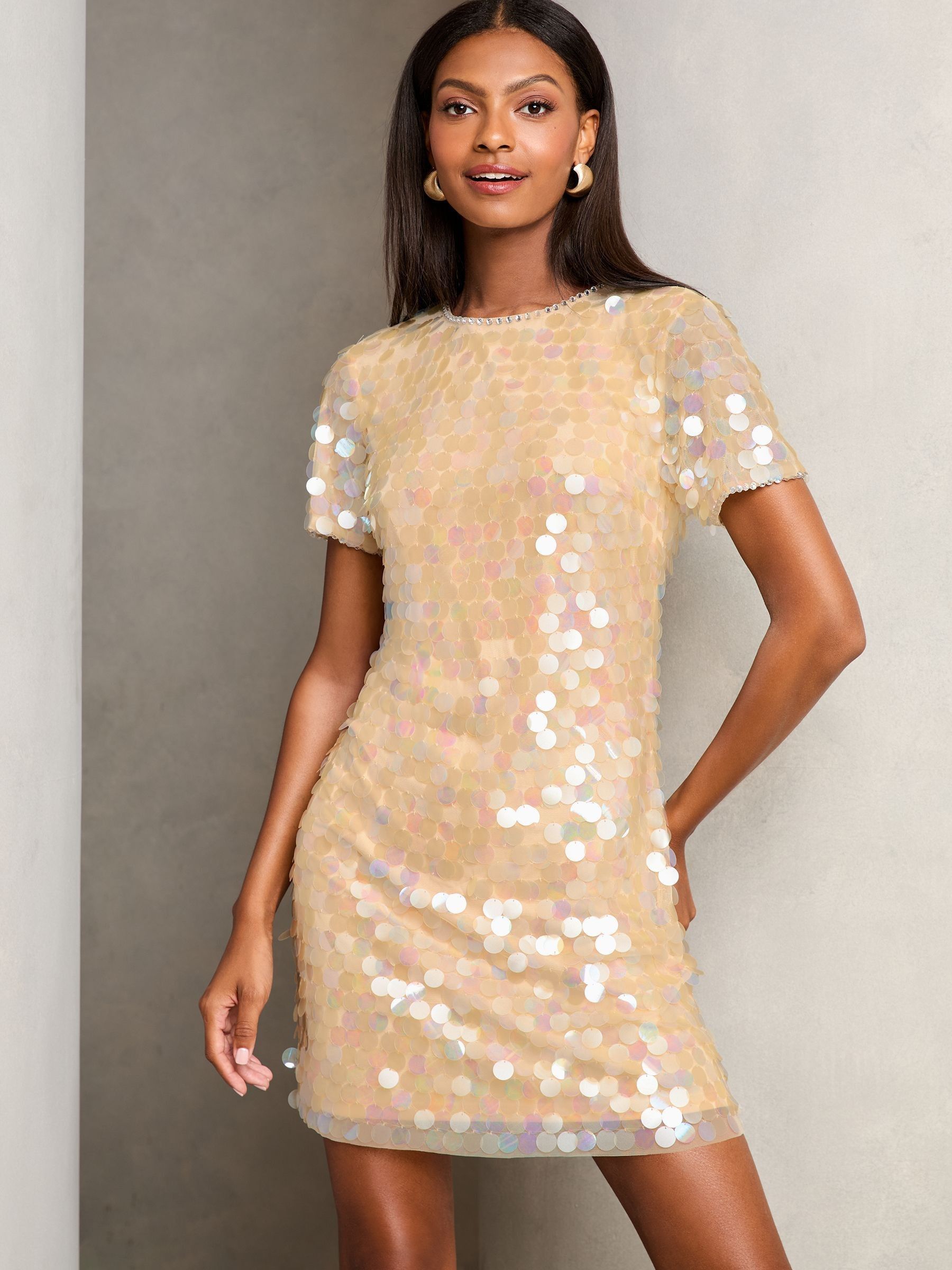 Buy Lipsy Cream Sequin Premium Sequin T Shirt Mini Dress from Next Luxembourg